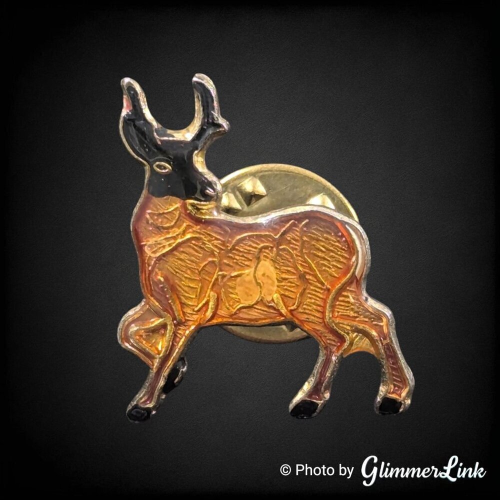 Vintage Brown Black Deer Buck Stag Enamel Gold Tone Pin Tie Tack